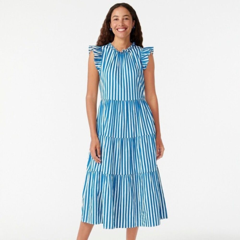 J. Crew Dress Women's Size Medium M Blue White Stripe Tiered cotton dobby midi